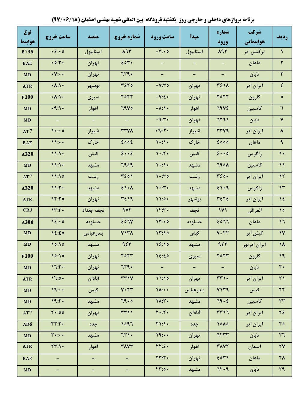 فهرست پرواز های داخلی وخارجی