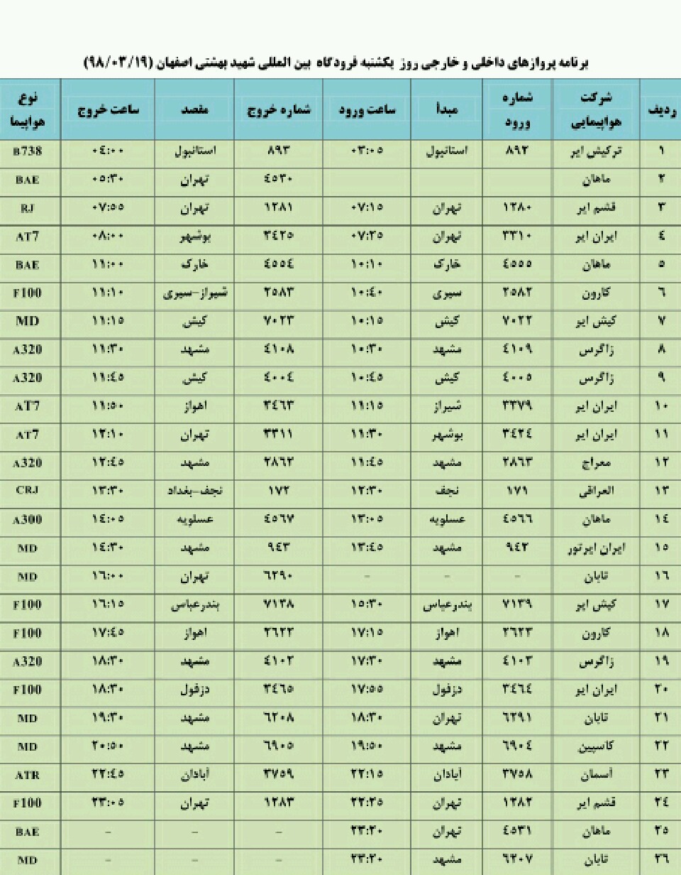 اعلام پروازهای داخلی و خارجی فرودگاه شهید بهشتی اصفهان