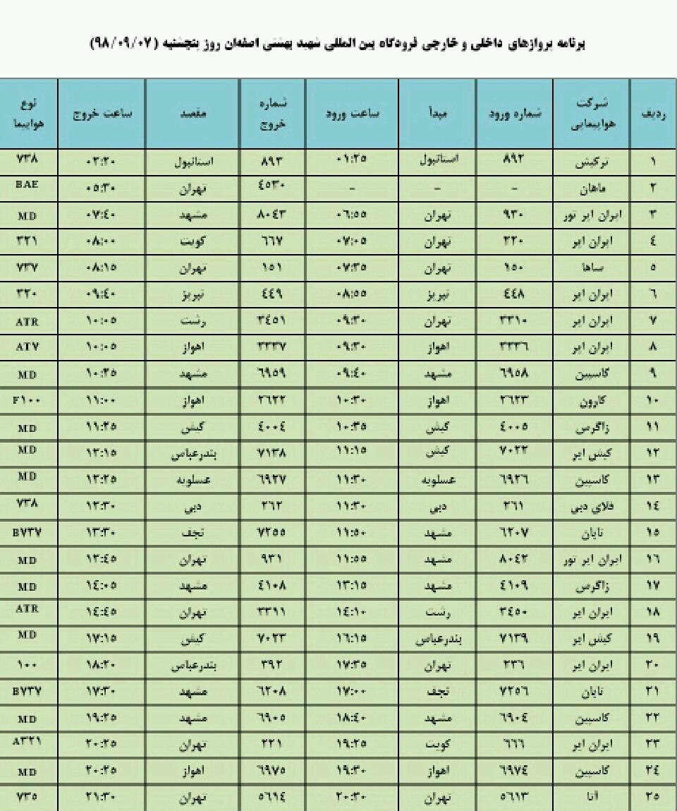 اعلام پروازهای فرودگاه شهید بهشتی اصفهان