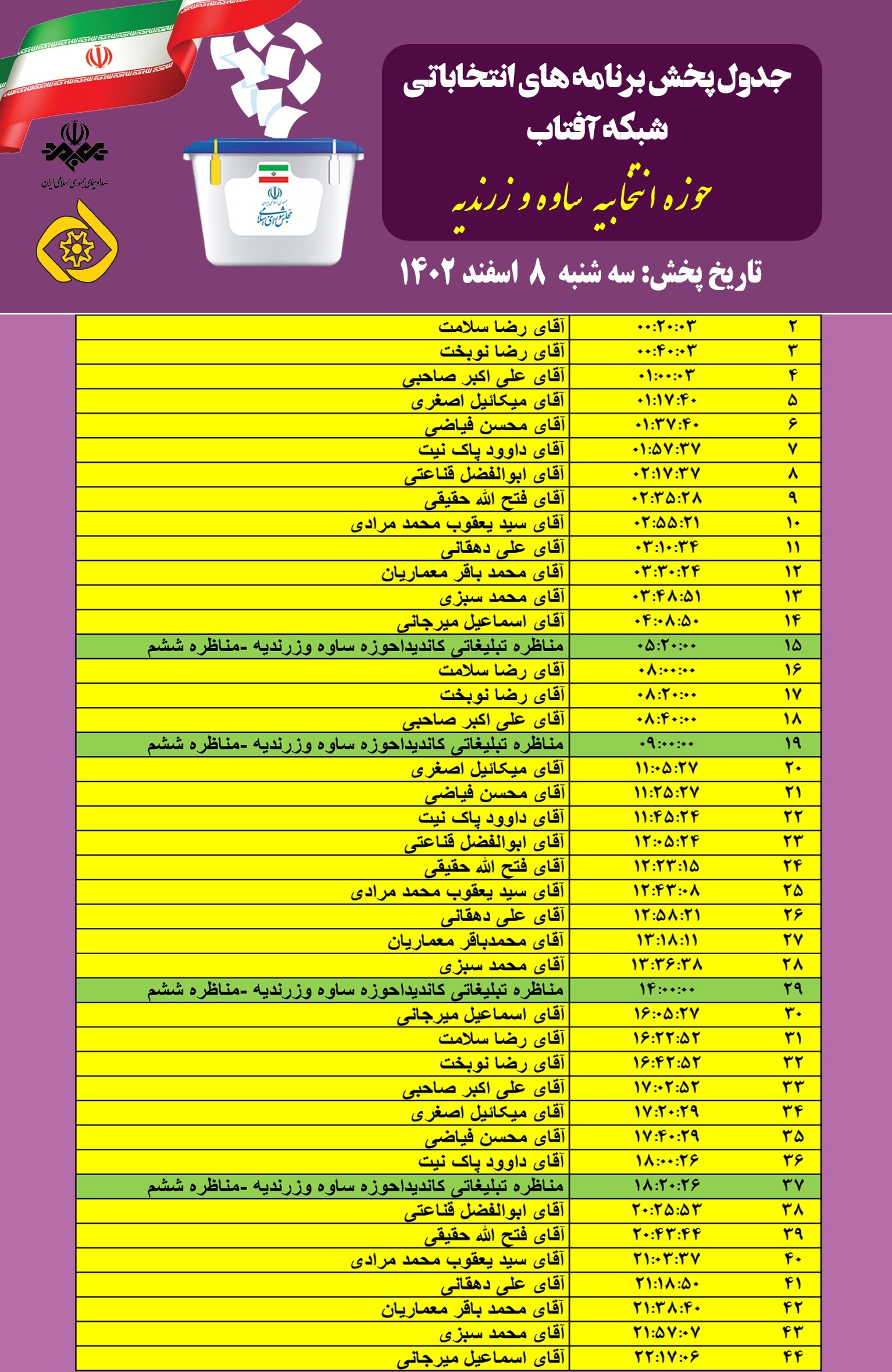 جدول پخش برنامه‌ های نامزدها و مناظره‌ های حوزه انتخابیه ساوه و زرندیه