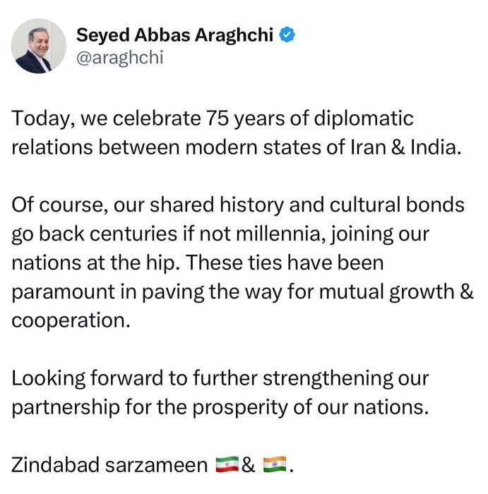 به دنبال تقویت بیشتر شراکت برای سعادتمندی تهران و دهلی‌نو هستیم