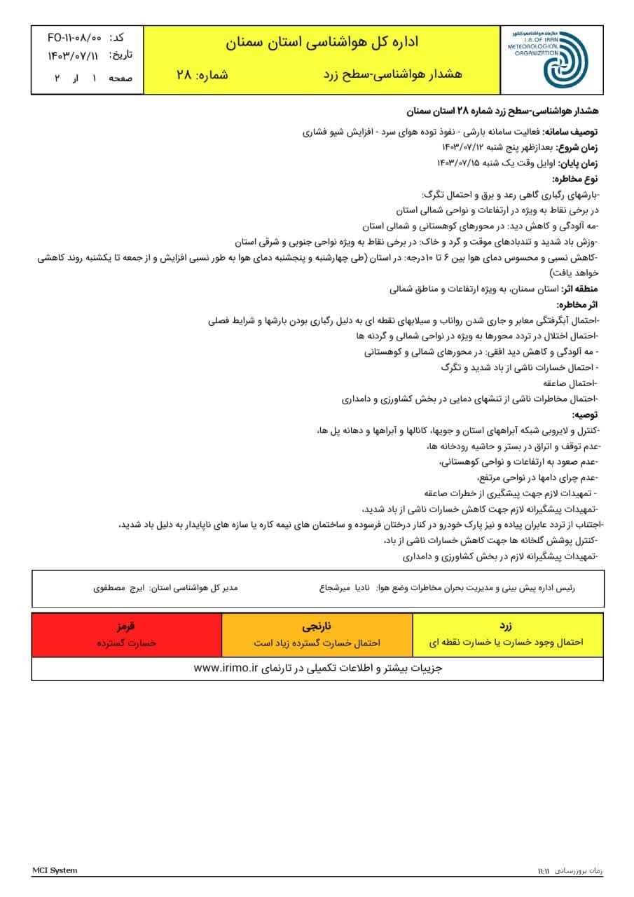 اعلام هشدار زرد  باد و باران در استان سمنان