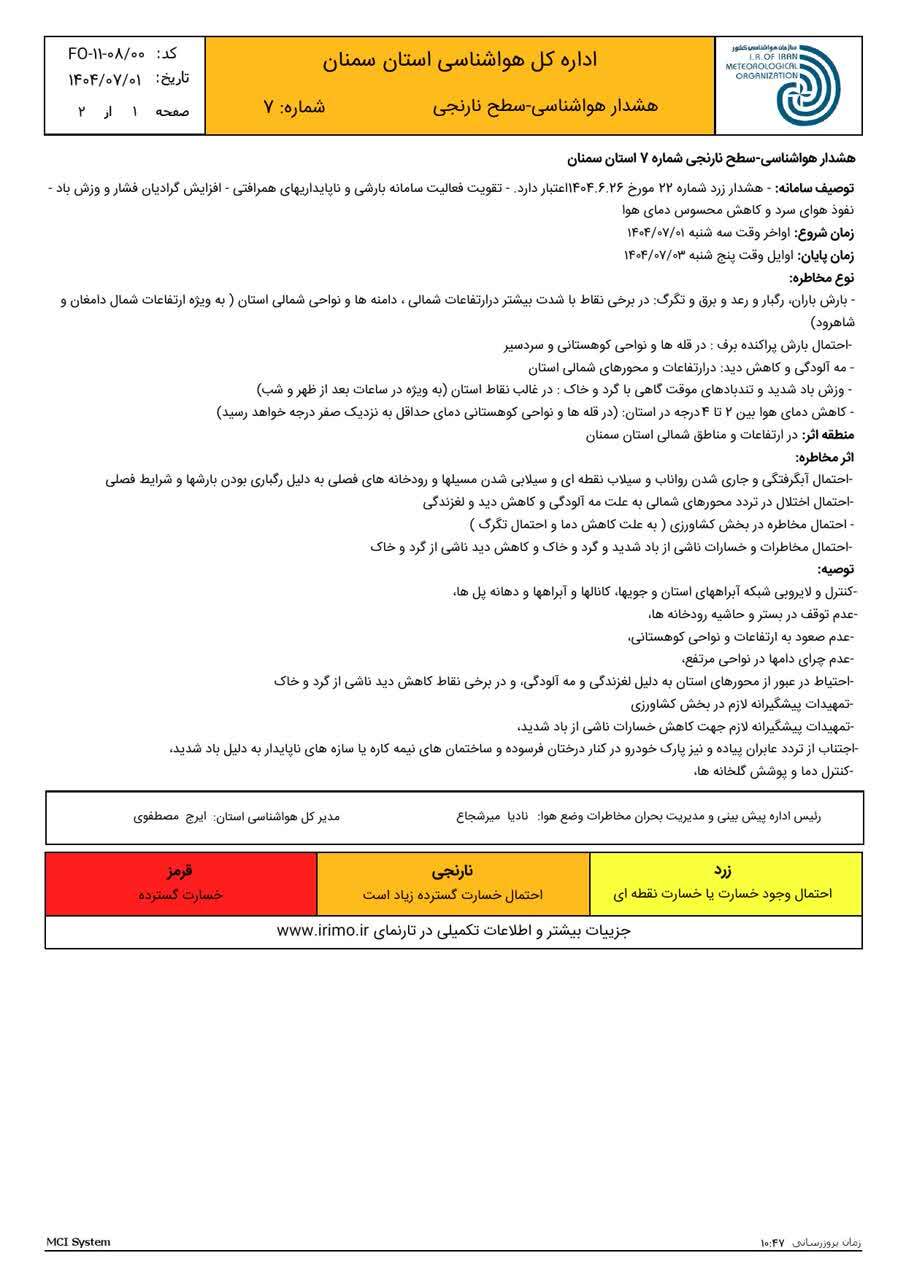 اعلام هشدار نارنجی هواشناسی در استان سمنان