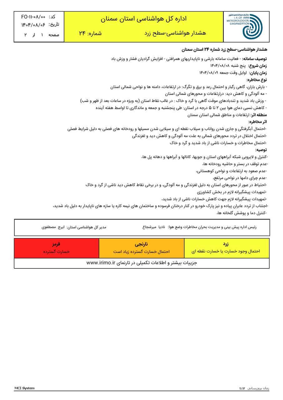 اعلام هشدار باد و باران در استان سمنان